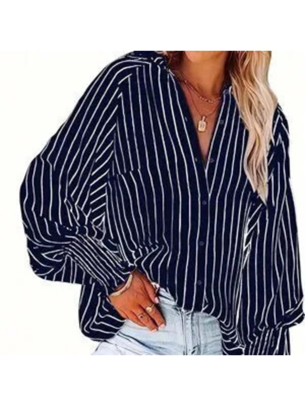 Plus Size Navy Blue Casual Women's Striped Print Notched Neckline Blouse